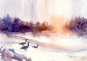 Morning Alert reproduction Nita Leland's watercolor of geese in snow