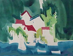 houses on a lake watercolor painting